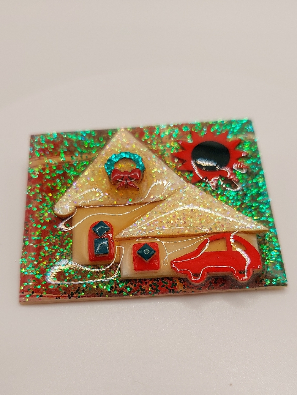 LUCINDA Vintage Glitter Holiday Christmas House Brooch with Wreath & Red Car